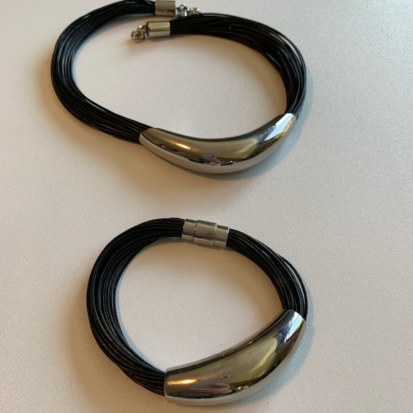 Emma Skye DSMK Multi Strand Stainless Steel Black Leather Necklace and Bracelet - Picture 1 of 4